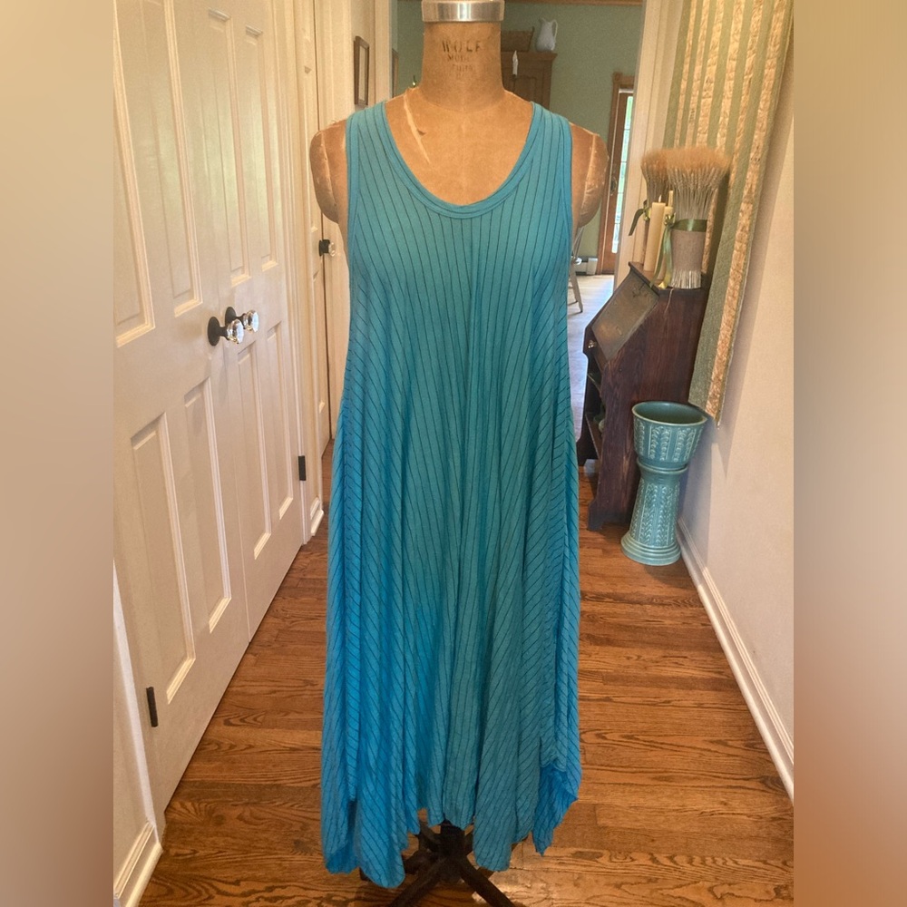 COMFY USA Dress Handkerchief Hem TURQUOISE Crinkle Poly Rayon L Worn onc… - Picture 9 of 13